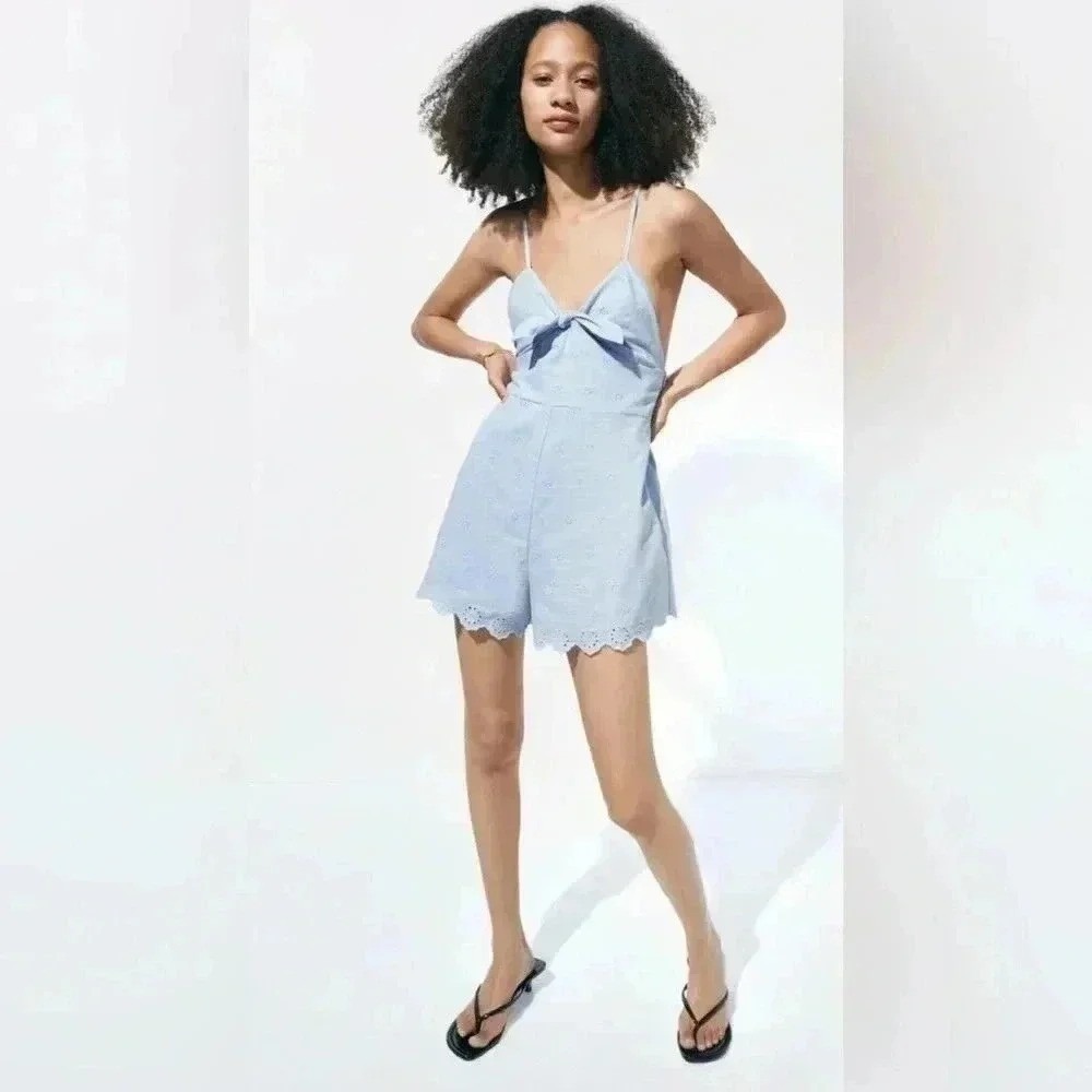Zara Blue Eyelet Tie Front Romper Shorts Women's Size M